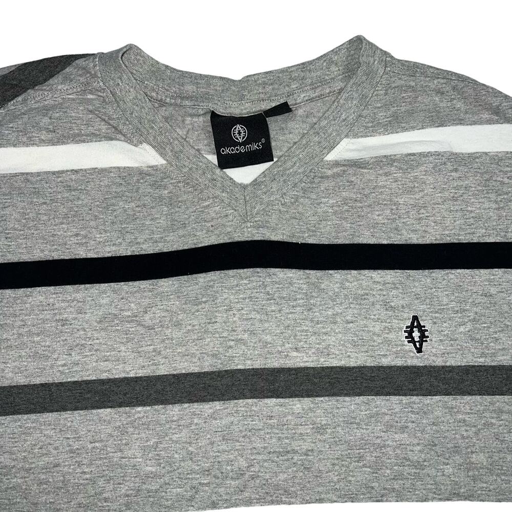 akademiks Mens T Shirt Top Short Sleeve Striped Gray Black White V Neck 3XL - Picture 2 of 10